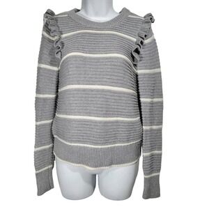 Banana Republic Gray Striped‎ Ruffle Shoulder Knit Sweater